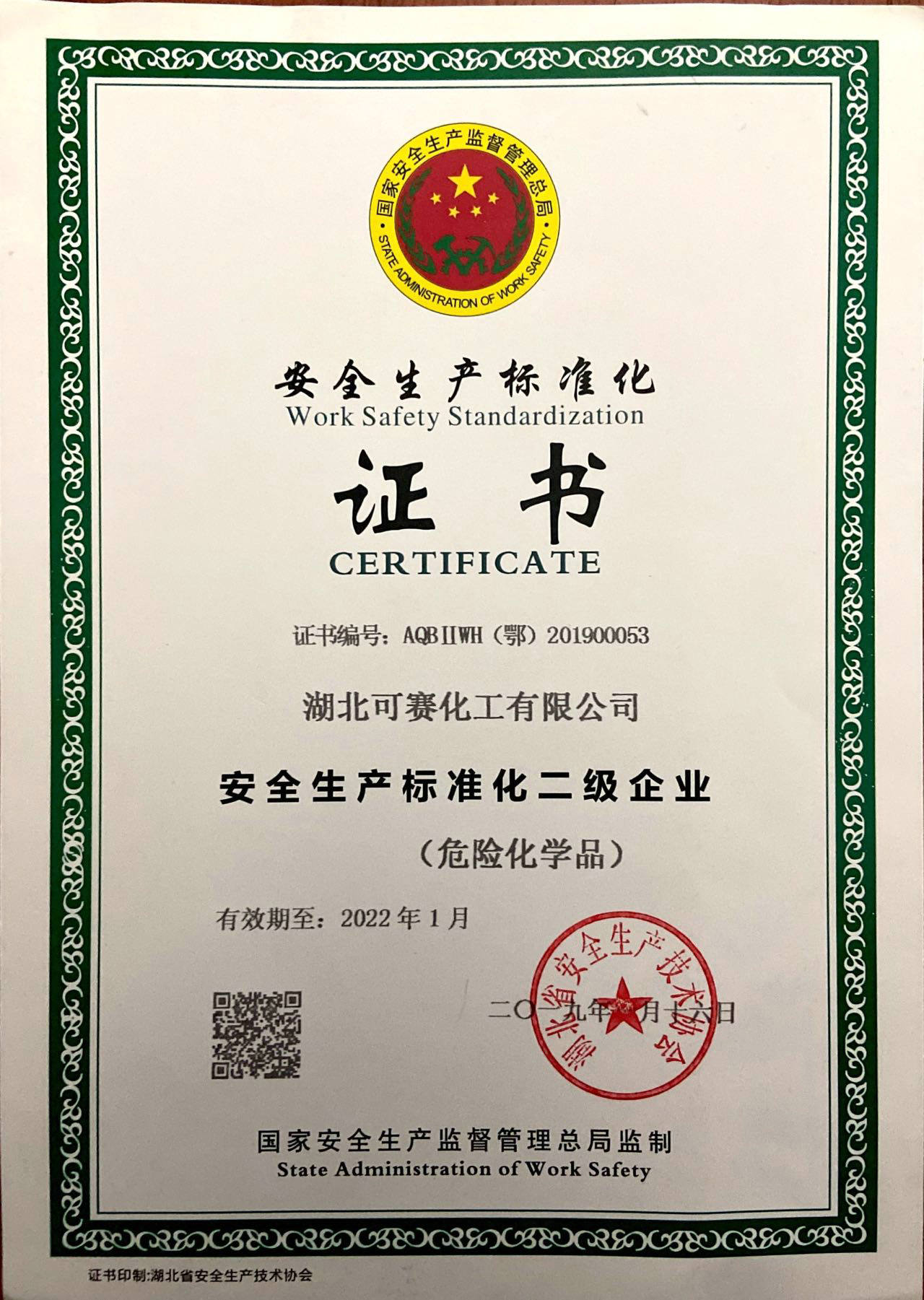 Safety Production Standardization Certificate - Underground mining of Rock salt - Level 2