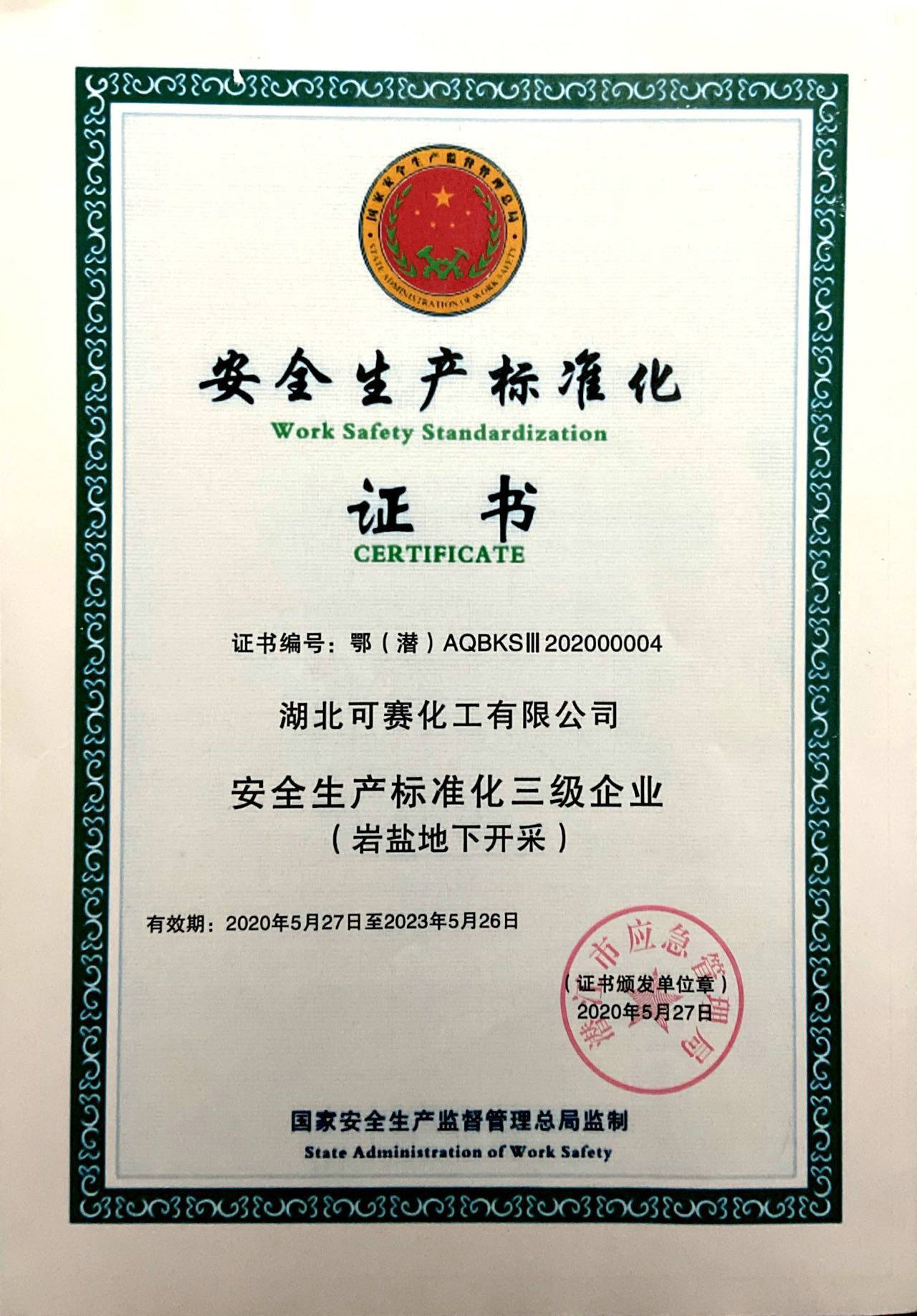 Safety Production Standardization Certificate - Underground mining of Rock salt - Level 3