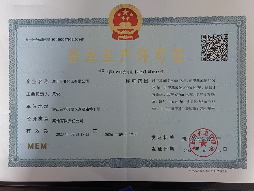 安全生產(chǎn)許可證-對甲、間甲、鄰甲、燒堿、鹽酸、氯氣、氫氣、次氯酸鈉